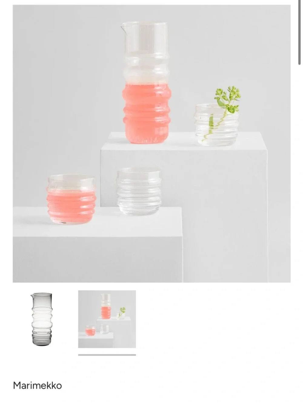 Marimekko Pink and Clear Ribbed Glass Carafe